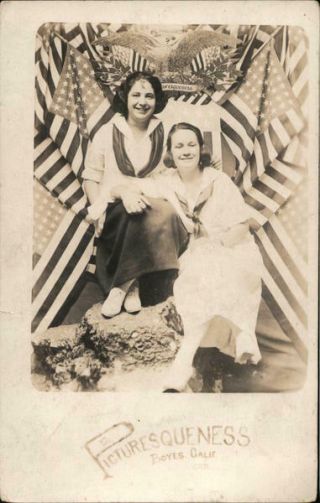 Rppc Boyes Hot Springs,  Ca Two Women Posing In Front Of American Flags Postcard