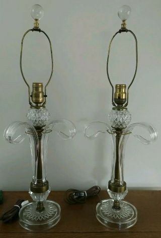 Vintage Art Glass Brass Table Lamp Pair Hollywood Regency Modern Crystal Lamps