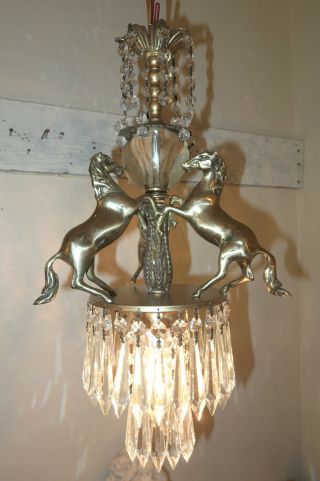 Reserved 2 Horse Fountain Chandelier Swag Lamp Glass Brass Vintage
