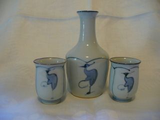 Sake Set With 2 Cups Cranes Saki Japan Porcelain