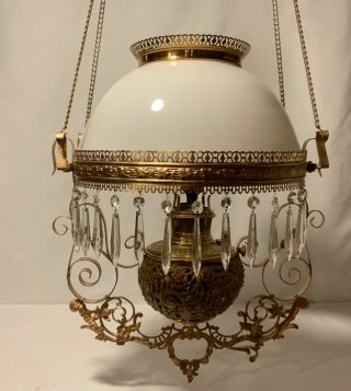 Bradley And Hubbard Victorian Hanging Library Kerosene Oil Lamp Frame Prisms B&h