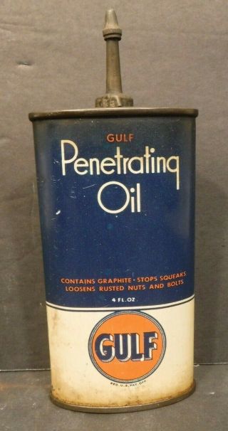 Vintage Gulf Penetrating Oil Metal Oval Can Handy Oiler 4 Oz Empty Lead Top Cap