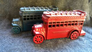 Vintage Antique Collectible Cast Iron Double Decker Bus 10 " Long Blk Blu Or Red