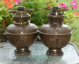 Bradley Hubbard Brass Oil Lamps Set Of 2 W Shade Rings B&h 1893