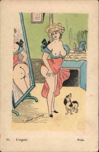 Xavier Sager Topless Woman In Nightgown Exposes Her Bottom In Mirror Postcard