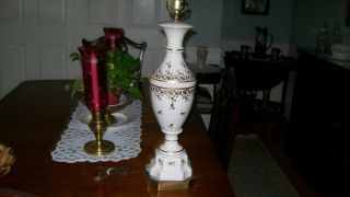 Vintage Large Porcelain Lamp,  White With Hand Painted Gold,