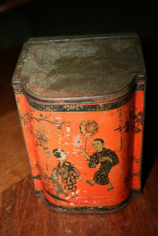 Vintage Ridgways Tea Tin Chinese Figures Hinged Lid Unusual Shape
