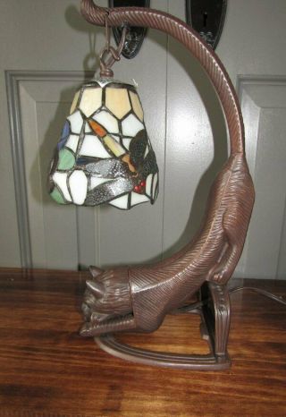 Deco Style Bronze Cat Sculpture Lamp Tiffany Style Leaded Stained Glass Shade