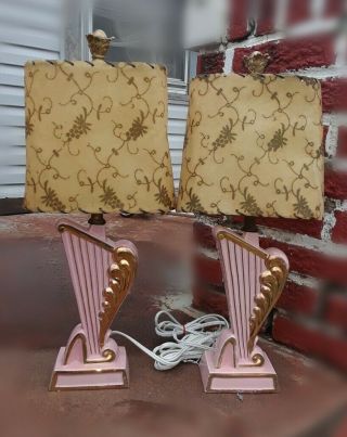 Mcm Hollywood Regency Pink Gold Ceramic Harp Lamps W Fiberglass Shades