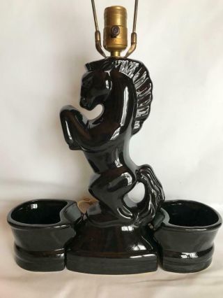 Vintage Black Ceramic Horse Table Lamp With Horse Shoe Planters -