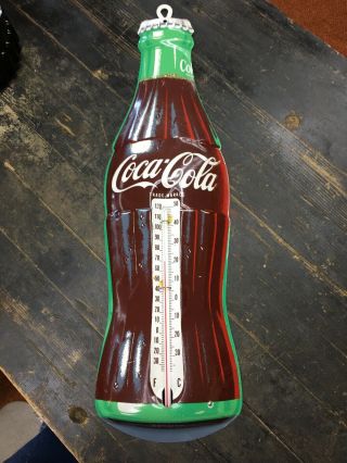 Vintage Metal Coca Cola Bottle Thermometer Sign Donasco 17” Made In Usa