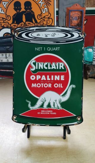 Sinclair Opaline Motor Oil Porcelain Sign Dino Oil Can Shape Vintage Brand