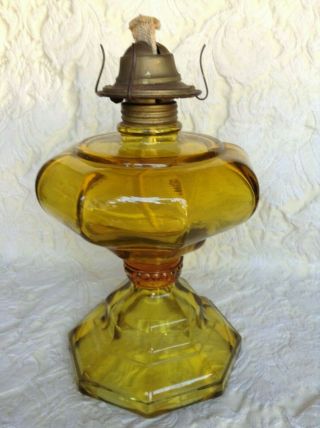 Vintage Amber Yellow Pressed Glass Oil Lamp,  Eagle Burner P&a Risdon 11”