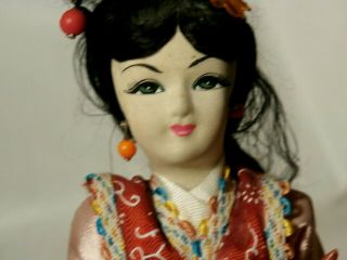 Vintage Chinese Doll With Traditional Dress,  Hair,  And Holding Decorated Lantern