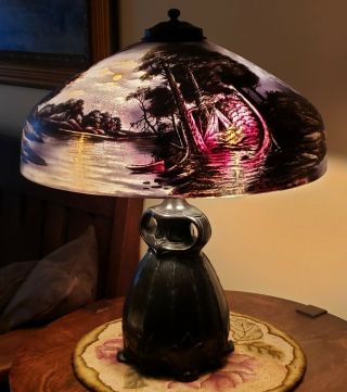 Antique Pittsburgh Reverse Painted Indian Encampment Table Lamp - Handel Era 3