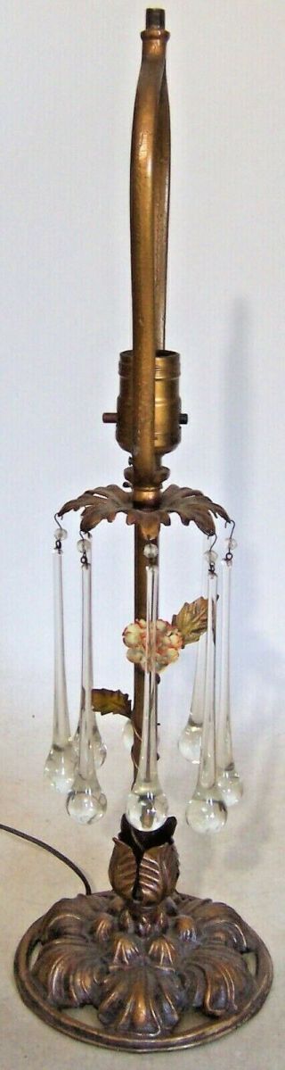Vtg Ornate Art Nouveau Cast Iron Table Lamp W/ Teardrop Prism & Porcelain Flower