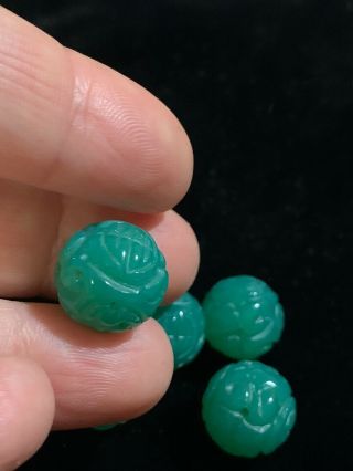 One Vintage Carved Chinese Bright Green Onyx Round Bead Shou Design 14mm