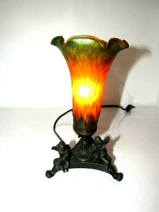 Vintage Lily And Cherub Mid - Century Tiffany Style Desk Lamp 81/2 " Tall