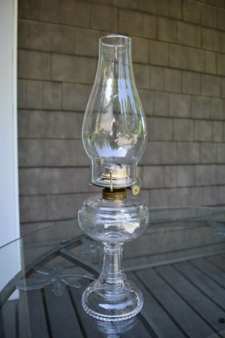 Vintage Clear Glass Oil Lamp With Eagle Brass Burner And Chimney