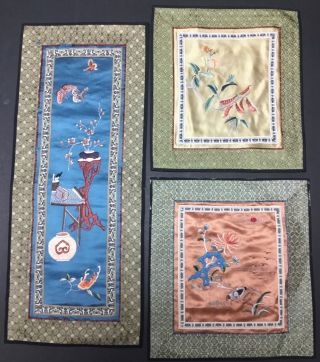 Set Of (3) Chinese Embroidered Silk Wall Hanging Tapestry Squares Floral