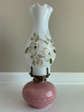 Vintage Lamplight Farms Pink Hobnail Glass Oil Lamp W/ Milk Glass Chimney Shade