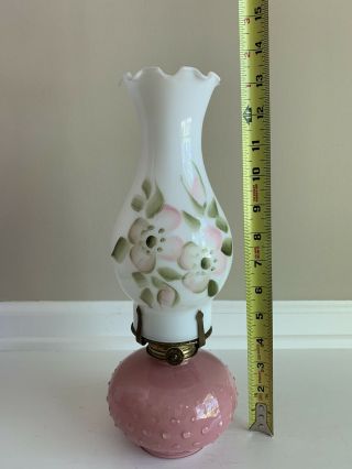 Vintage LampLight Farms Pink Hobnail Glass Oil Lamp W/ Milk Glass Chimney Shade 2