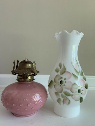 Vintage LampLight Farms Pink Hobnail Glass Oil Lamp W/ Milk Glass Chimney Shade 3