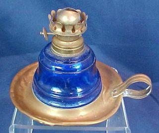 Antique Miniature Blue Glass Fingerhold Oil Lamp Brass Base Patented 1873