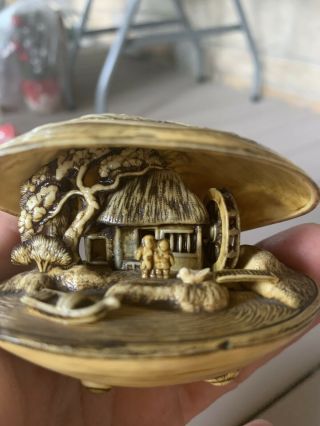 Vintage Japanese Celluloid Hand Carved Clam Shell Village Netsuke Style Diorama