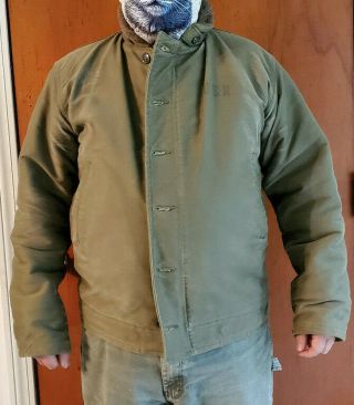 Usn N - 1 Deck Jacket Alpaca Lined Larger Size Green Shade Canvas