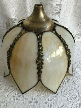 Vintage Brass Filigree Tiffany Style Slag Stained Glass Tulip Lamp Shade 1