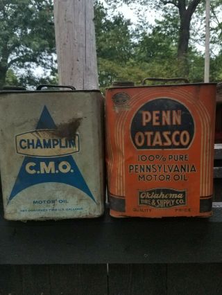 Old Champlin C.  M.  O.  2 Gallon Oil Can Plus 2 Gallon Penn Otasco Orange Oil Can