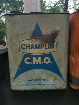 Old Champlin C.  M.  O.  2 Gallon Oil Can Plus 2 Gallon Penn Otasco Orange Oil Can 2