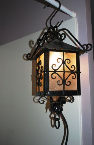 Vtg Wrought Iron Black Metal Outdoor Porch Light Fixture Spanish Revival Mission