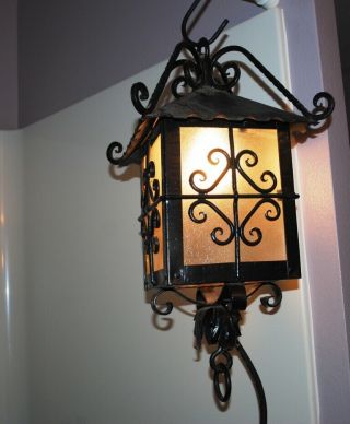 Vtg Wrought Iron Black Metal Outdoor Porch Light Fixture Spanish Revival Mission 2