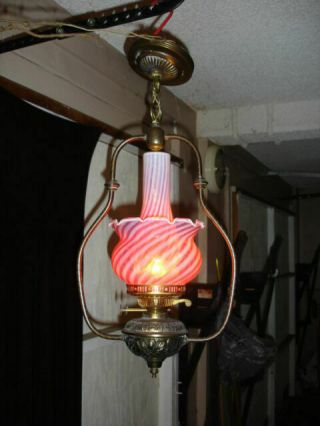 John Scott England Old Brass Hanging Lamp W/cranberry Swirl Opalescent Shade