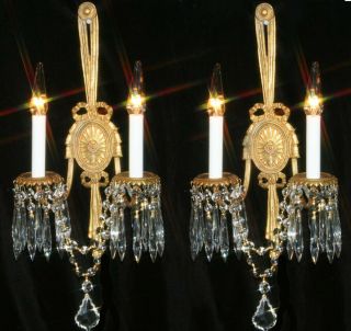 Pair Vintage Bronze Brass Crystal Lamp Bow Sconce French Garlands Ribbon Prism