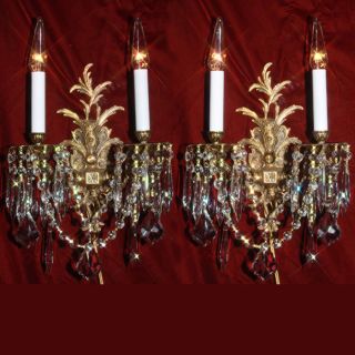 2 Vintage Gilt Gilt Bronze Brass Crystal Lamp Sconce Rococo French Spanish