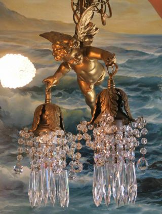 Reserved Flying Cherub Spelter Vintage Chandelier French Lamp Brass Crystal