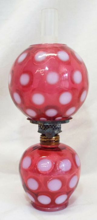 Old Fenton Cranberry White Opalescent Coin Dot Spot Miniature Oil Lamp Complete