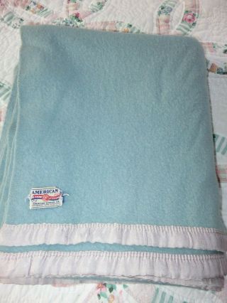 Discounted Vintage Blue Wool Blanket American Woolen Co Pink Satin Trim,  72 X 64