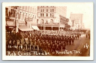 Vintage Real Photo Postcard Red Cross Parade Houston Tx 1918 Soldiers Backs D2
