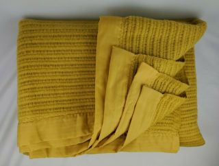 Vintage Acrylic Blanket Made Waffle Satin Trim Mustard Yellow Size 74”x 86”