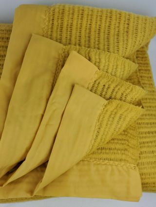 Vintage Acrylic Blanket Made Waffle Satin Trim Mustard Yellow Size 74”x 86” 3
