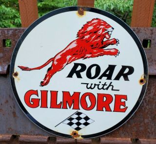 Old Vintage Roar With Gilmore The Red Lion Porcelain Enamel Gas Pump Sign
