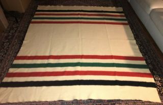 Vintage 100 Wool Blanket With Red Green & Black Stripes