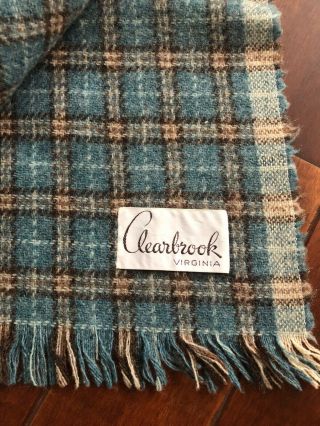 Vintage Wool Blanket Clearbrook Virginia Plaid Throw Light Blue Fringe Usa