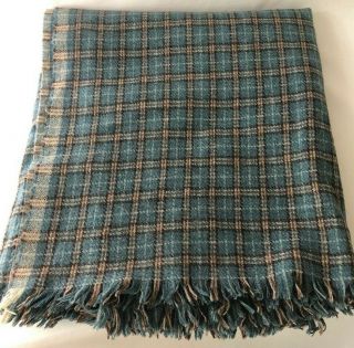 Vintage Wool Blanket Clearbrook Virginia Plaid Throw Light Blue Fringe USA 2