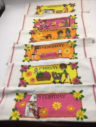 Days Of The Week Dish Towels Set 6 Vintage 1970s Flower Power Hippy Mid Century