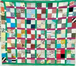 Vintage 1950s/60s Bold Quirky 4 - Patch Block Folk - Art Patchwork Quilt Wow